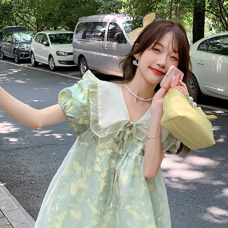 150kg Mint Manbo Doll Collar Puff Sleeve Dress Women's Summer Sweet Petite Plus Size Doll Short Dress