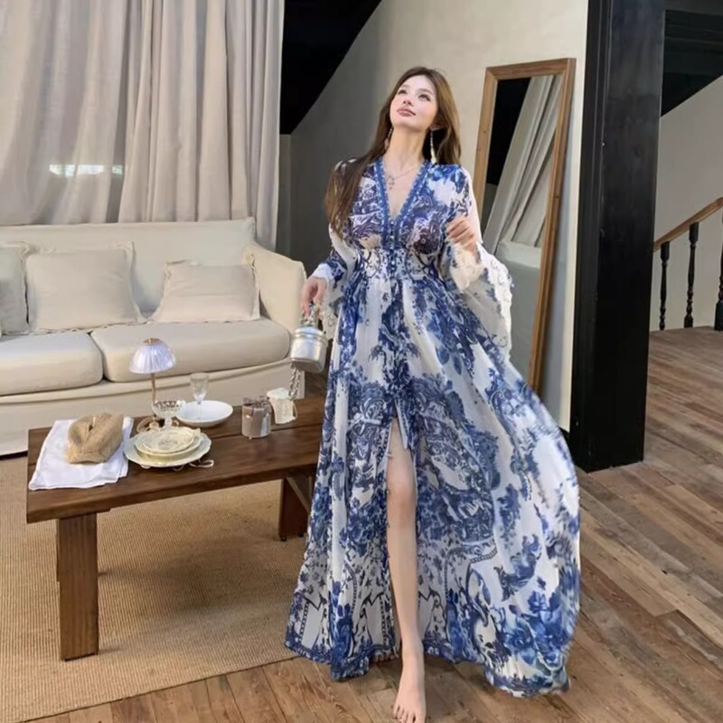 French-Style High-End V-Neck Printed Plus-Size Dress for Women 150kg Elegant Long-Sleeved Long Dress Mature and Sophisticated Style Dress French-Style High-End V-Neck Printed Plus-Size Dress for Women 150kg Elegant Long-Sleeved Long Dress Mature and Sophisticated Style Dress