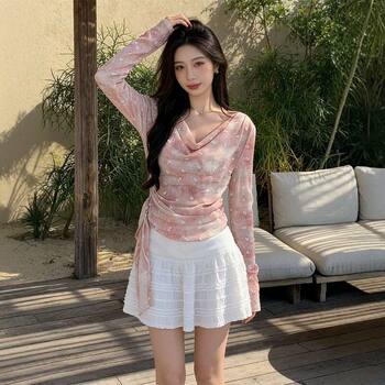 Swing collar pleated chiffon summer ອ່ອນໆແລະ slimming ເສື້ອ bottoming