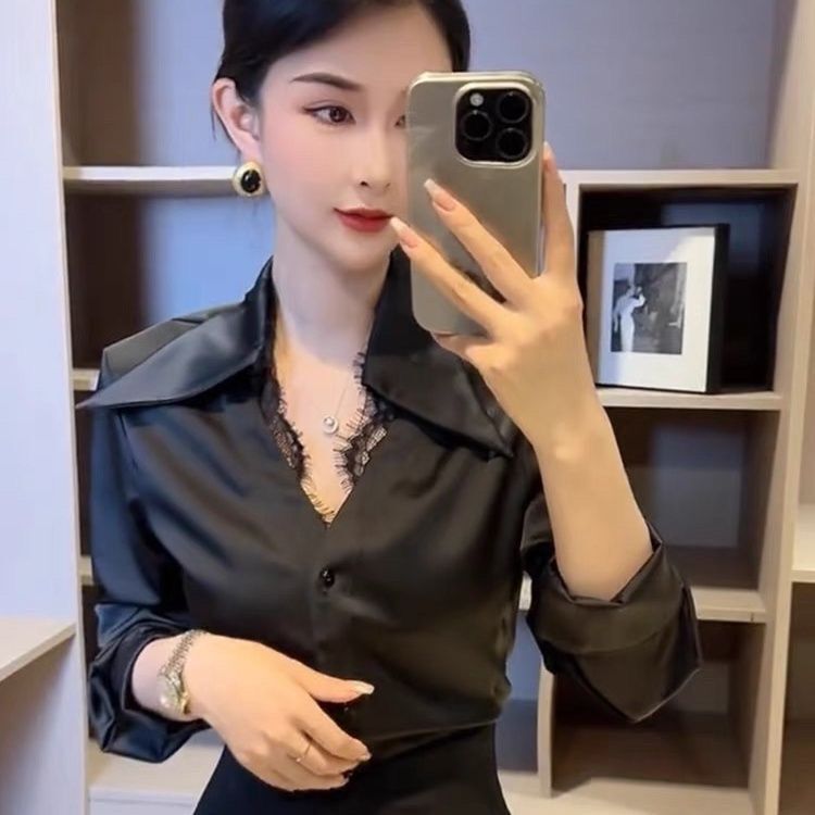 High-End Lace Splicing Elegant Long-Sleeved Shirt for Women 2025 Spring and Autumn New Style Light Mature Style Satin Pure Desire Top High-End Lace Splicing Elegant Long-Sleeved Shirt for Women 2025 Spring and Autumn New Style Light Mature Style Satin Pure Desire Top