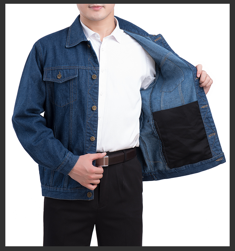 Người đàn ông trung niên denim thợ hàn cotton áo khoác áo khoác ve áo bảo hiểm lao động mặc áo khoác denim chống áo khoác denim
