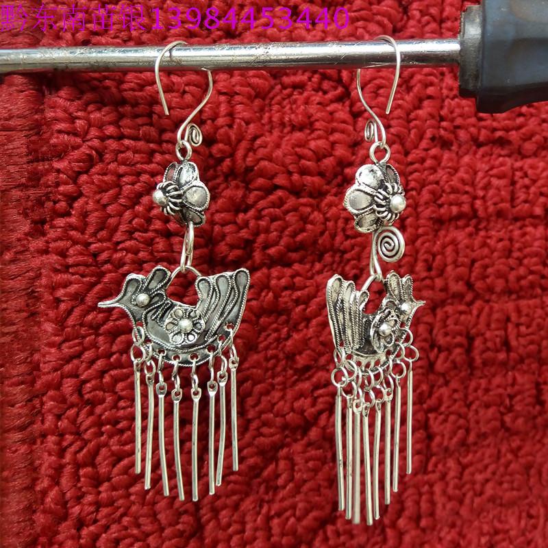 Qiandongnan Miao silver jewelry Women's vintage earrings Miao silver pendant flower stone tassel earrings