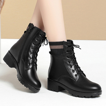 Winter new spider king leather mid-heel wool short boots womens thick-heeled cotton shoes British Martin boots plus velvet cotton leather shoes
