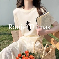 Rouje Damas brief cute little bunny round collar cover short sleeves Knitted Sweatshirt Loose Comfort Short T-shirt Female