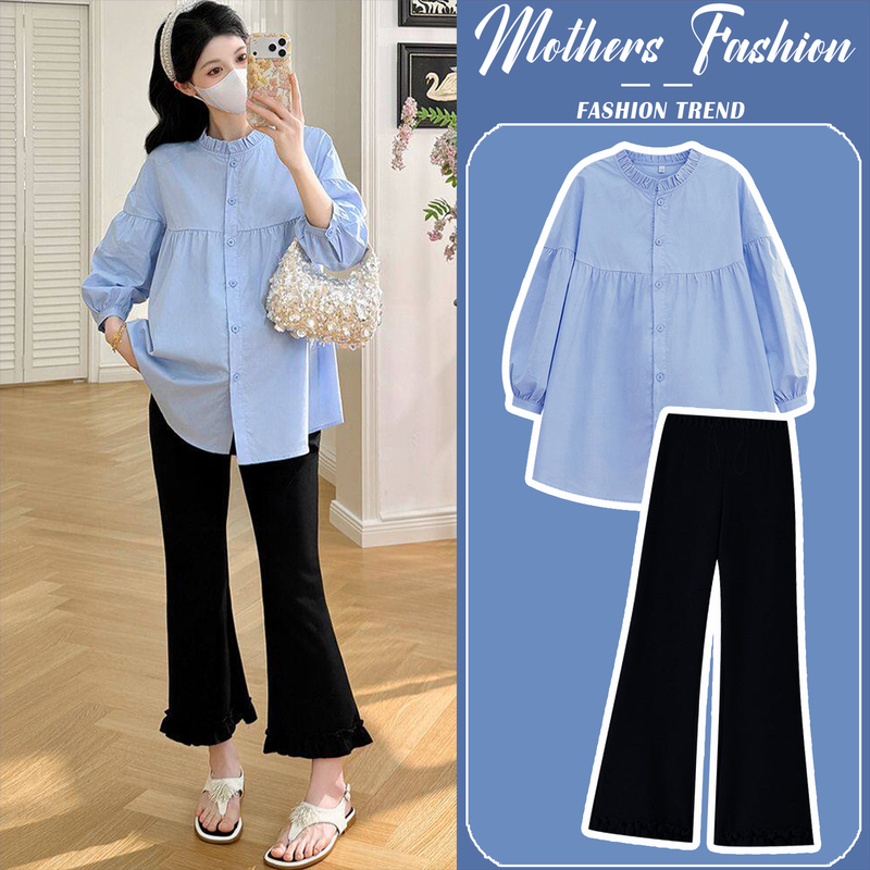 Maternity Suit Spring and Autumn 2026 New Korean Style Blue Loose Long-Sleeved Age-Reducing Shirt and Pants Two-Piece Set