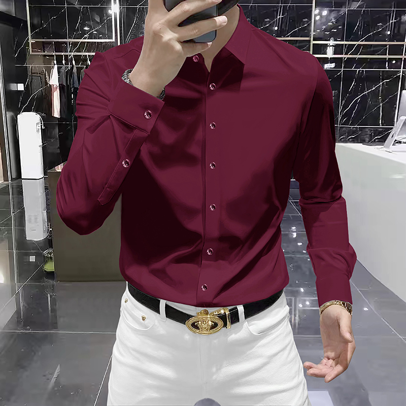 Clearance Burgundy Long-Sleeve Non-Iron Shirt for Men, Spring and Autumn Thin Style, High-End Feel, Slim Fit Business Formal Casual Shirt