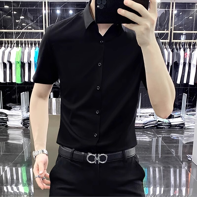 Clearance Non-Iron Short-Sleeve Shirt for Men, Summer Thin Casual Slim-Fit High-End Formal Business Solid Color Shirt Trendy