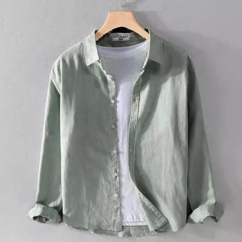 Clearance Sale: Men's Army Green Linen Shirt, Long-Sleeved, Loose Fit, Square Collar, High-End Shirt, Versatile Casual Sun-Protective Jacket