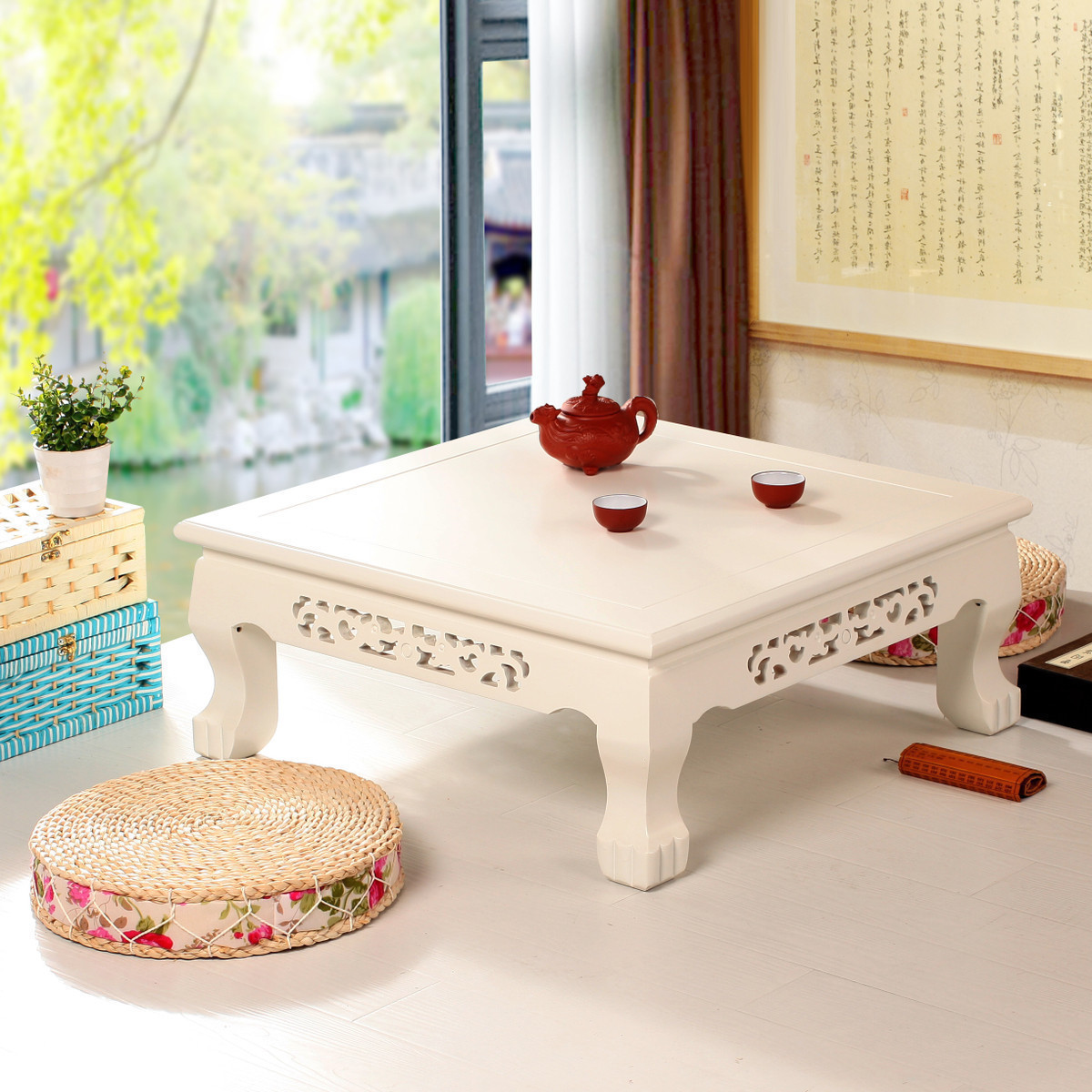 Solid wood Kang table Small square table Japanese Tatami coffee table Old Elm antique low table Floor European low table