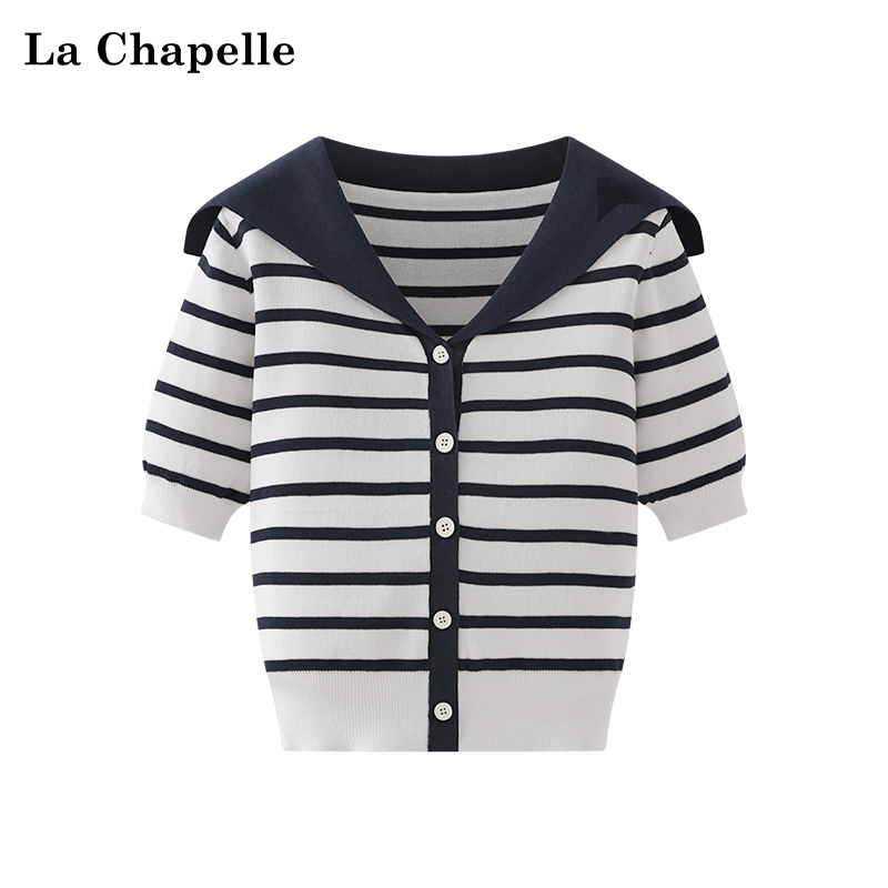 La Chapelle Navy Navy Navy Collar Buttoned Stripesd Knitted Short-Sleeved Women's Age-Reducing Top Summer Fashion High-End Elegant
