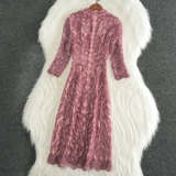 Элитное осеннее ретро платье, элегантные кружевные блестки для ногтей, европейский стиль, легкий роскошный стиль, длина миди, А-силуэт