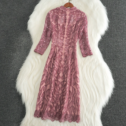 Элитное осеннее ретро платье, элегантные кружевные блестки для ногтей, европейский стиль, легкий роскошный стиль, длина миди, А-силуэт