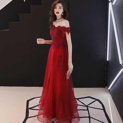 Red long evening dress, 2019, open shoulders