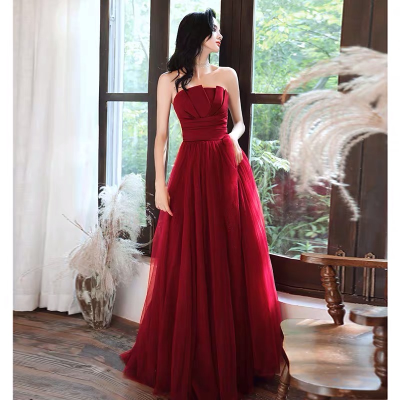 Evening dress, burgundy tube top, 2021 collection, fitted Evening dress, burgundy tube top, 2021 collection, fitted