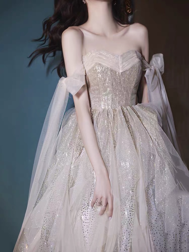 Summer evening dress, long skirt, champagne color