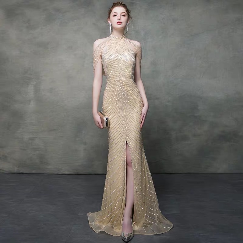 Rental Champagne Golden Annual High -end atmospheric Luxury Evening Dress Women's New Banquet Sexual Anti -Sex Celelinated Celebrity