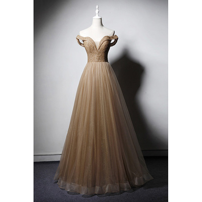 Khaki evening dress for bride, long small princess costume, open shoulders Khaki evening dress for bride, long small princess costume, open shoulders