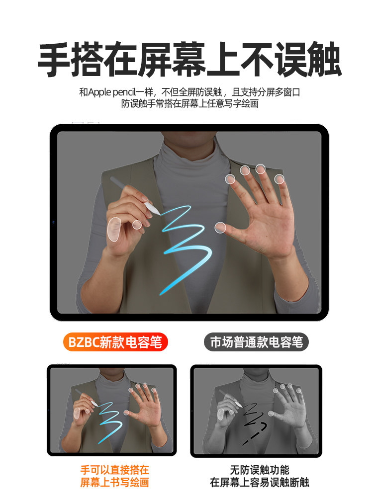 Bzbc Capacitive Pen Is Suitable for Apple iPad Generation Anti-Accidental Touch Air Tablet Touch Stylus Ipencil Replacement Drawing Second Generation Pencil Tilt Pressure Sensitive Active Fine Tip