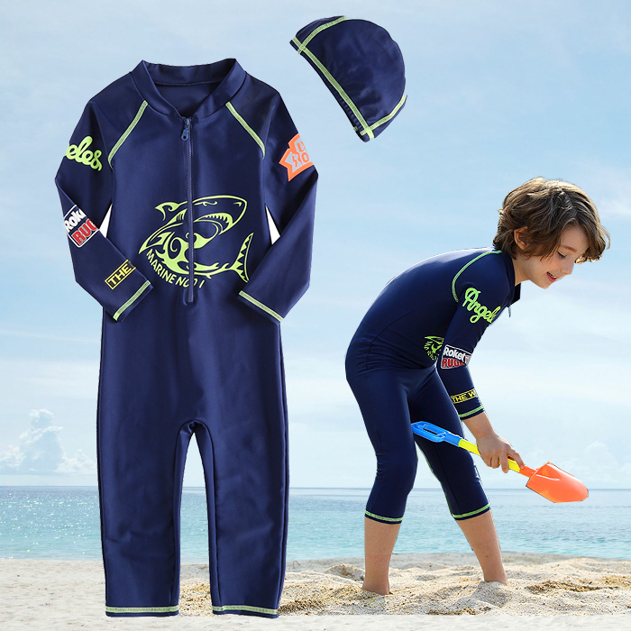 Korean children's swimsuit male one-piece boy middle child long-sleeved trousers sunscreen quick-drying child hot spring diving suit