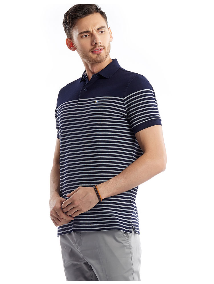 POLO cotton dài tay ngắn nửa chiều ngang áo phông kẻ ngang nam
