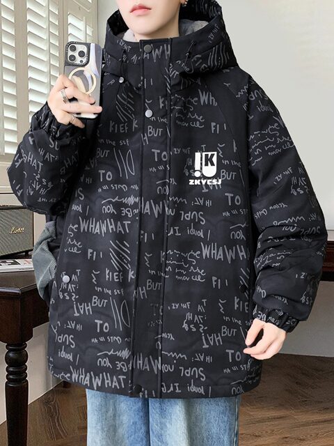 Winter Youth Hong Kong Style Fleece-Lined Warm Jacket Student Trendy Brand Fashion Thick Workwear Cotton Coat for Big Boys