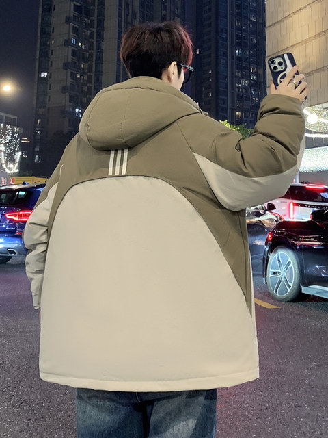 Outdoor Casual Style Color-Blocked Hooded Jacket for Boys, Thickened and Loose-Fitting, Suitable for Teenagers and Students, Warm and Cold-Resistant