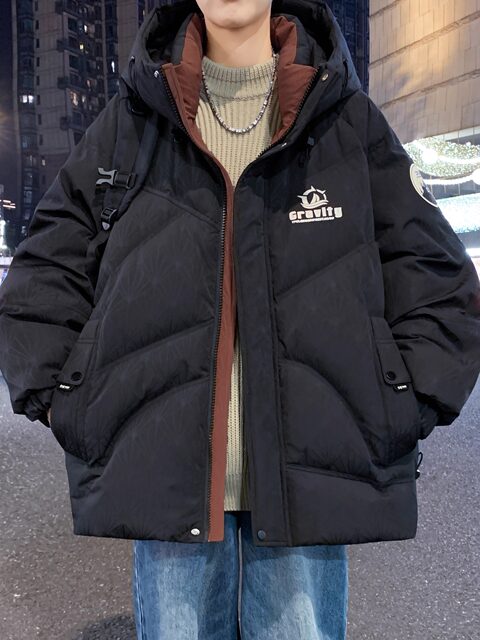 Youth Trendy Versatile Hooded Jacket for Boys, Thickened and Warm, Loose-Fitting Black Cotton Coat for Winter