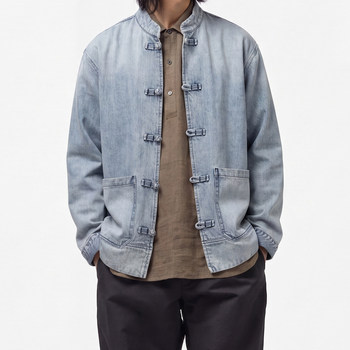 Real-year clothing workers handmade texture red ear red edge plate button washed denim shirt loose off-shoulder jacket men's trendy