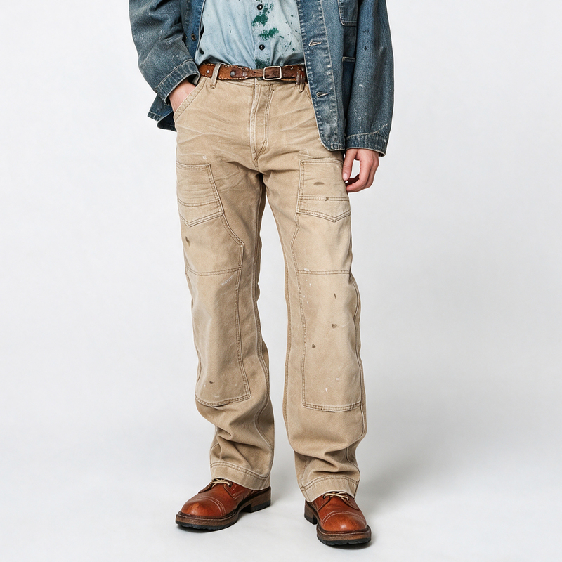 【Second-In-Command】Authentic Vintage American-Style Washed Work Pants for Men, Straight-Leg Double-Knee Long Pants, Trendy
