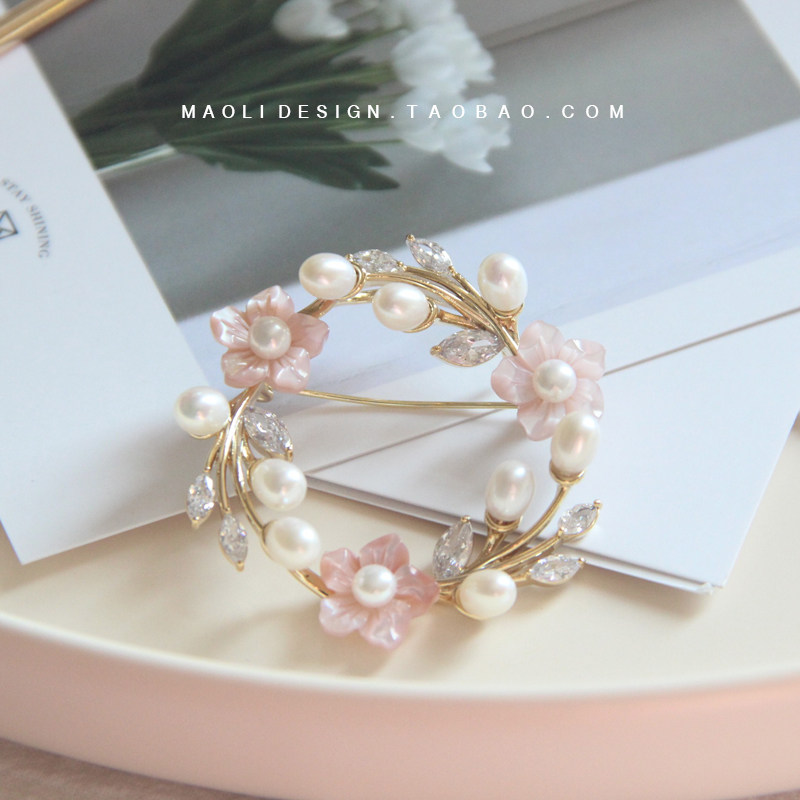 MAOLI Cherry Blossom Season Young Girl Hearts Pink Cherry Blossom Small Flower Ring Pure Silver Rice Shaped Freshwater Pearl Brooch