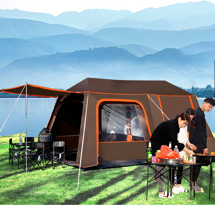Full-automatic two-room one-Hall camping double-deck 5-8-12-person multi-person super-large rainstorm-proof outdoor tent thickened aluminum pole