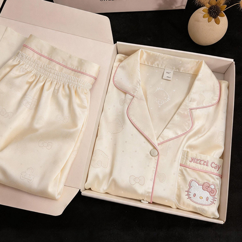 2026 New Cartoon Cat Ice Silk Pajamas for Women, Summer High-End Short-Sleeved Three-Piece Home Wear Set, Spring and Autumn Set