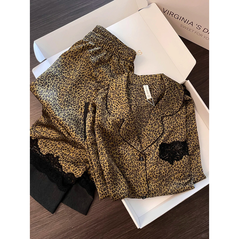 2026 New Lace Trim Leopard Print Ice Silk Pajamas for Women, Spring and Autumn Long-Sleeved Long Pants Loungewear, Can Be Worn Outside in Summer