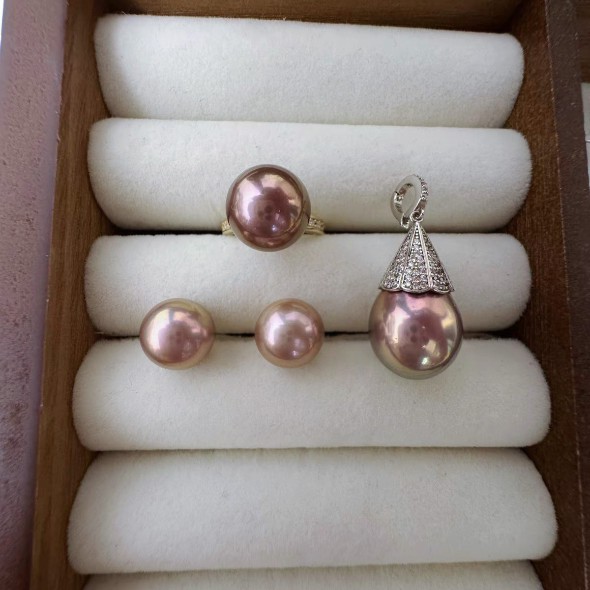 Rare burgundy color unique set high quality mirror light natural freshwater pearl ring earrings pendant