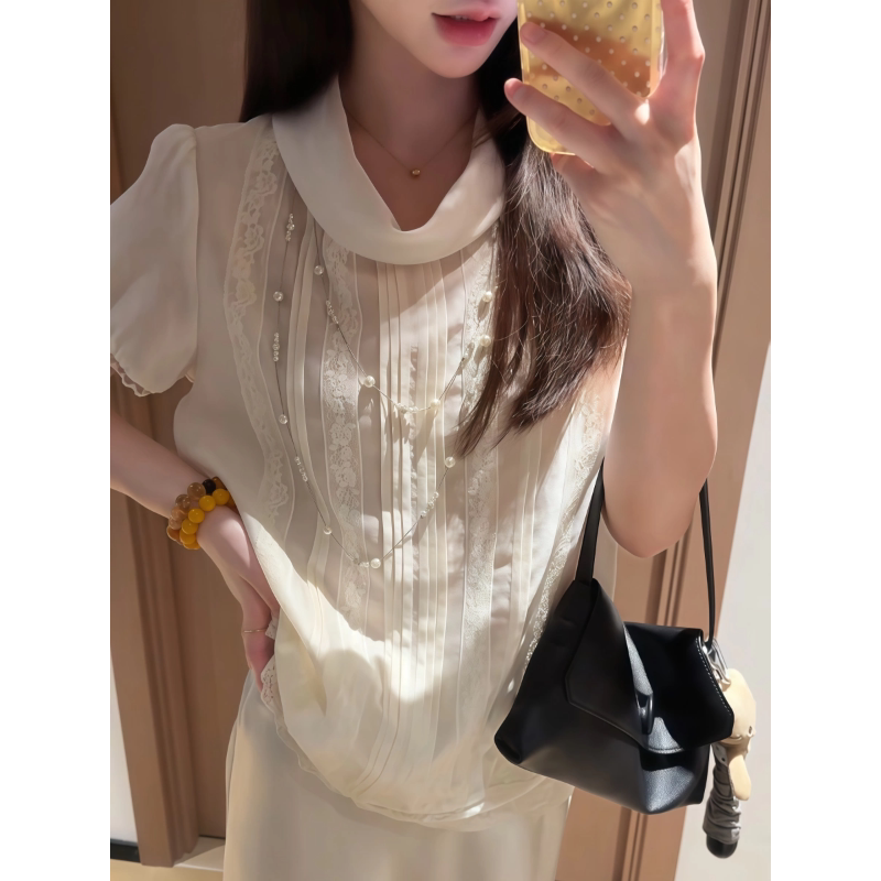 Plus Size French Light Luxury Niche Unique Short-Sleeve Shirt Summer New Lace Patchwork Stunning Top for Women