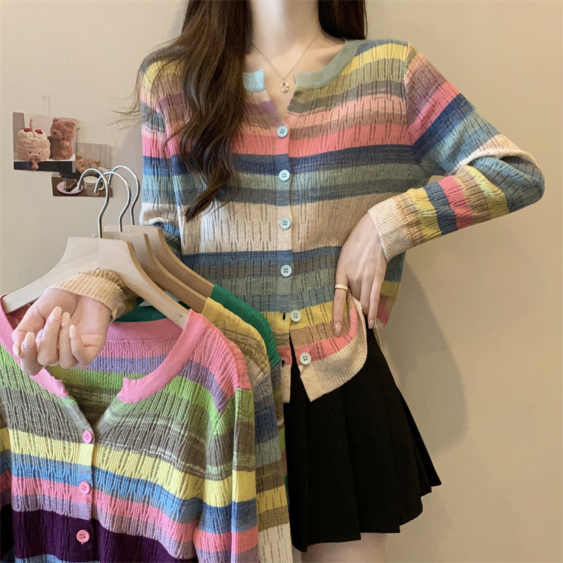 Plus Size Women's Clothing, Unique Design for Chubby Girls, V-Neck Rainbow Striped Long-Sleeve Top, Autumn Color-Blocked Knit Sweater T-Shirt for Women