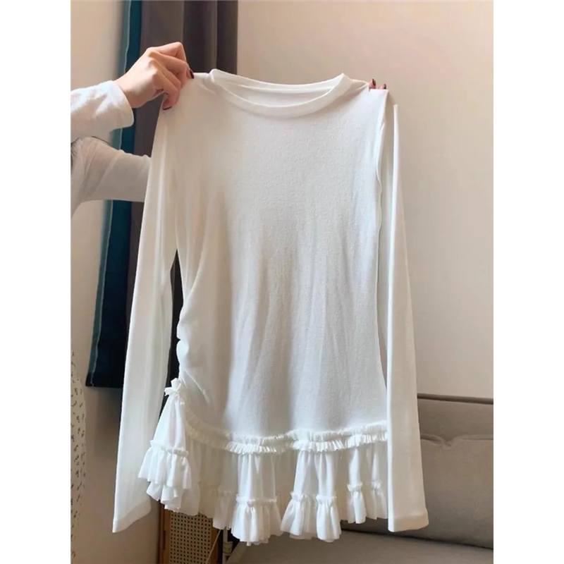 Plus-Size Korean-Style Lace-Trimmed Long-Sleeve T-Shirt for Women, Autumn and Winter Base Layer, Slimming Top for Curvy Women