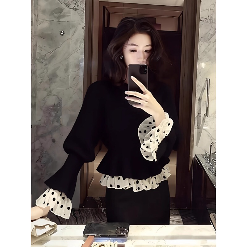 Plus-Size Fat Girl's Chanel-Style Black Waist-Cinching Knit Sweater for Women, New Autumn and Winter Unique, Beautiful and Fashionable Ruffled Sweater