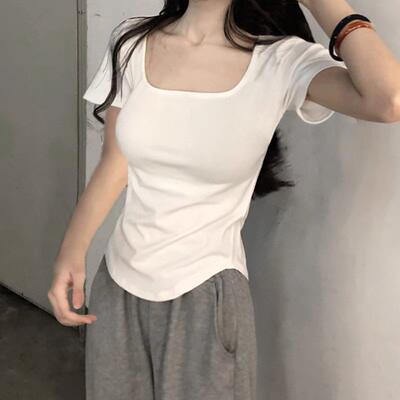 Large-sized square-neck short-sleeved T-shirt for women, new summer Korean style pure and elegant white slimming and irregular top on Instagram