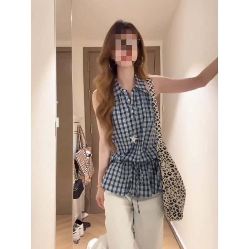 Plus-Size Korean-Style Retro Plaid Halter Neck Sleeveless Tank Top for Women, New Summer Drawstring Waist Slimming Top