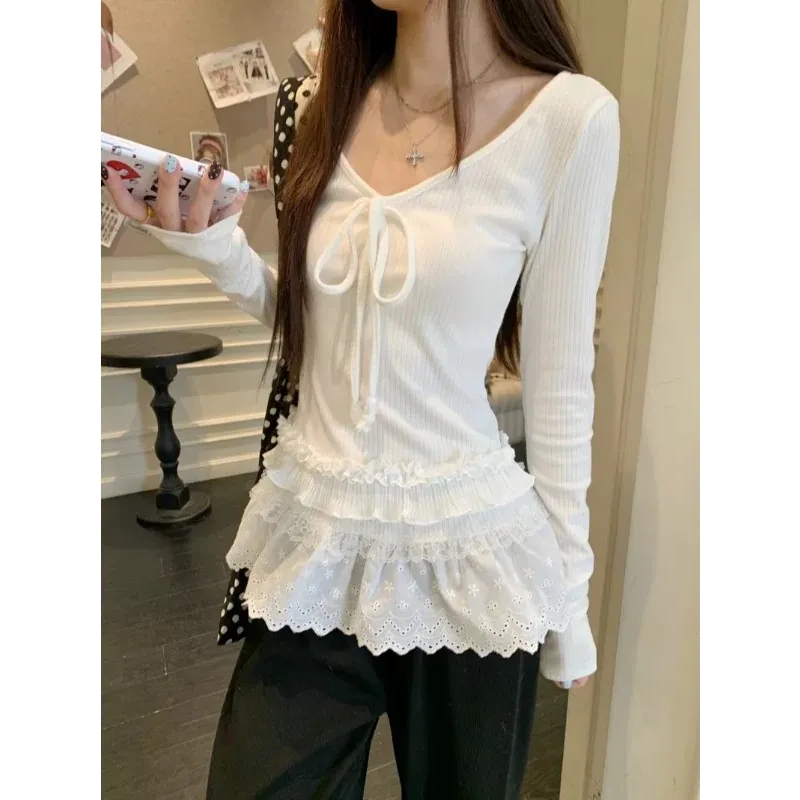 Plus-Size Sweet Style Lace Patchwork Tie-Up Long-Sleeve Top T-Shirt for Women, New Autumn and Winter V-Neck White Base Shirt