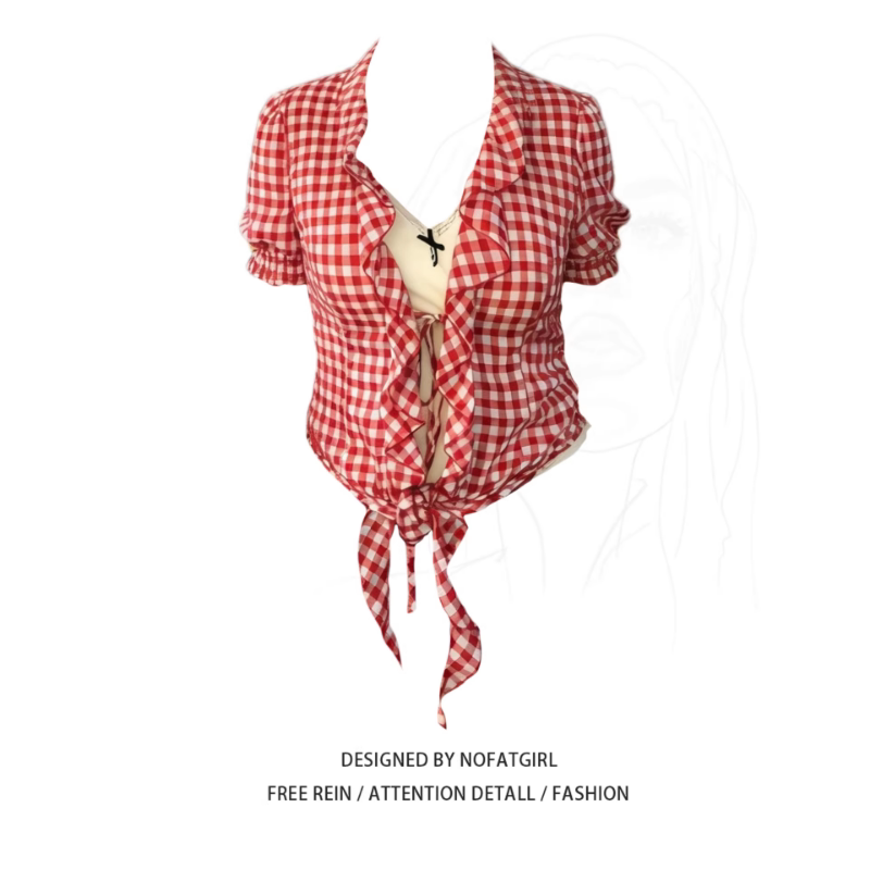 Plus-Size Hot Girl Style Red Plaid Shirt for Women, Spring and Summer Short-Sleeved Cardigan with Tie, Waist-Cinching, Vintage Slimming Top