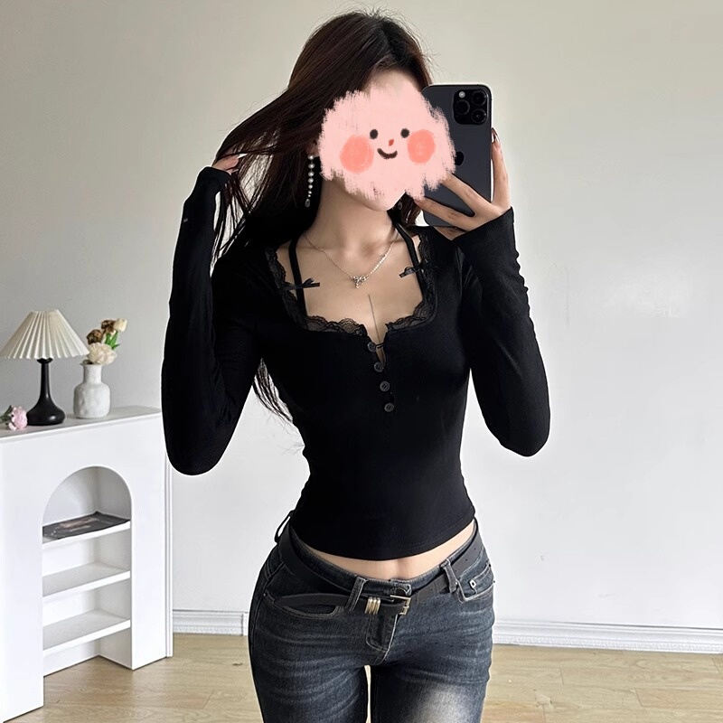 Plus Size Women's Autumn and Winter Halter Neck Lace Trim Button-Up Sexy Waist-Cinching Fashionable Long-Sleeve T-Shirt Inner Top