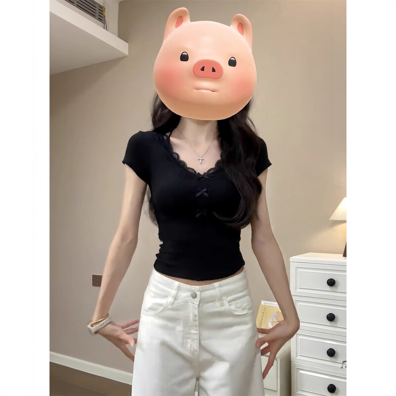 Plus-Size Fat Girl Pure Desire Style Lace-Trimmed Bow Short-Sleeve T-Shirt for Women, New Summer Slim-Fit Short Top