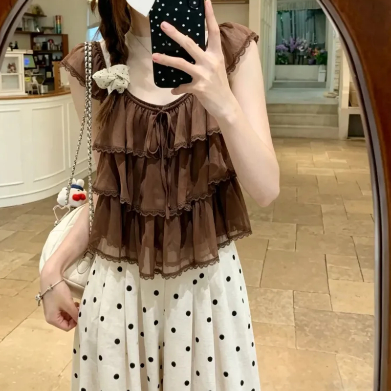 Plus-Size Women's Korean-Style Lace-Trimmed Square-Neck Chiffon Blouse with Small Flutter Sleeves, Summer Ruffled Loose-Fitting Slimming Top