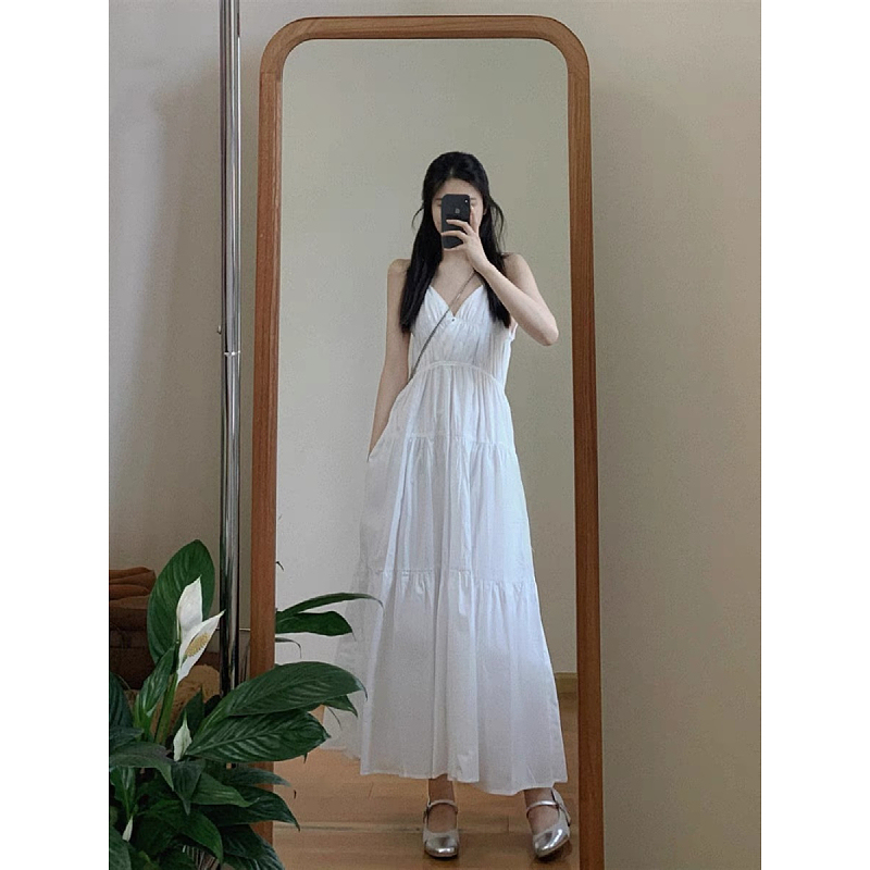 Plus Size Women's French White Fairy Dress, Spaghetti Strap Dress, Beach Vacation Dress, Slimming Summer Long Dress, Elegant Plus Size Women's French White Fairy Dress, Spaghetti Strap Dress, Beach Vacation Dress, Slimming Summer Long Dress, Elegant