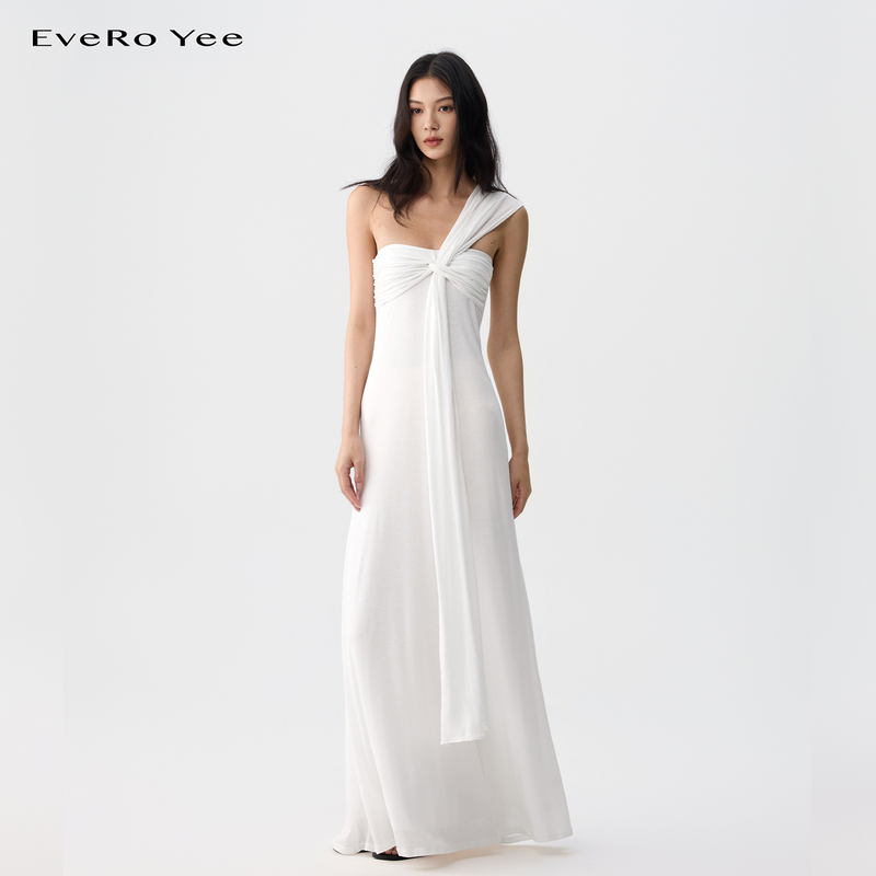 Evero Yee Two-Way Wear Ribbon Twist Dress with Asymmetrical Off-Shoulder Strapless Design, Lazy Vacation Style Long Dress