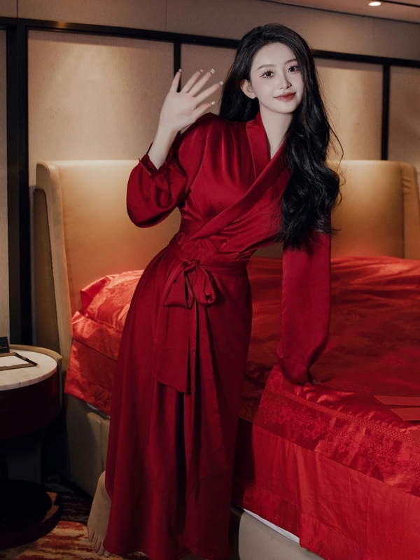Tess Wedding Robe for Bride 2025 High-End Niche Nightgown Red Wedding Pajamas Morning Photoshoot Dress