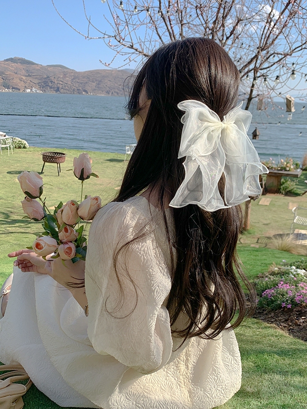 Fairy-Style Mesh Big Bow Hair Accessory Hairpin Ribbon White Super Fairy Princess Back of the Head Top Clip Spring Clip Forest Style