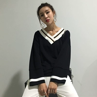 Mùa thu đông 2018 mới Hàn Quốc chic lười biếng thả lỏng áo thun dài tay cổ chữ V áo len nữ giản dị hàng đầu áo phông nữ rộng